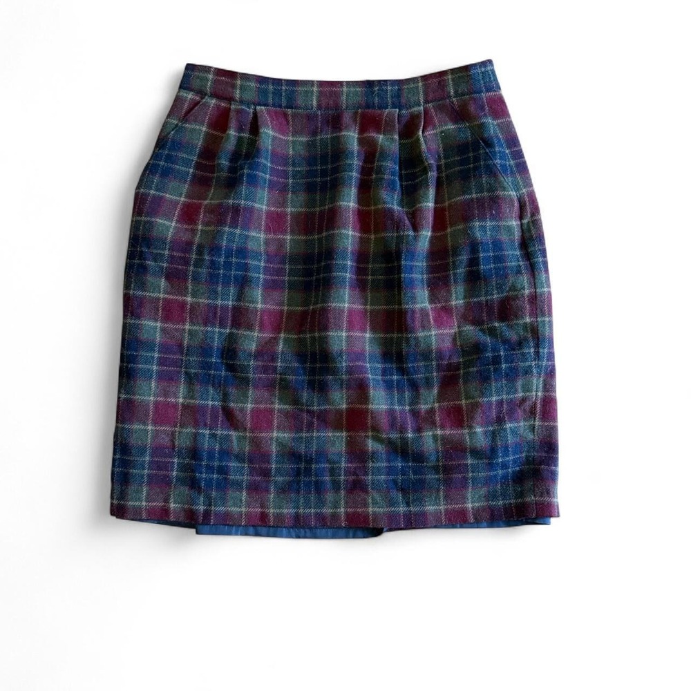 Vintage womens navy red green plaid tartan knee length skirt Size 14 wool‎ blend